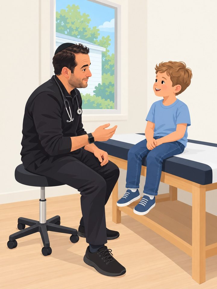 Cartoon illustration of Yehuda Schwab in black scrubs with a stethoscope, checking on a smiling young boy in the exam room